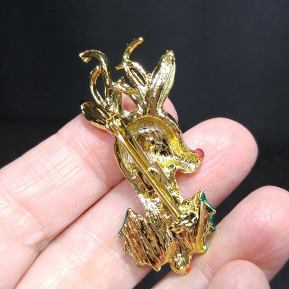 Vintage Rudolph Red Nose Reindeer Brooch, Enamel Holly, 1960s, 2 Inches - Picture 5 of 10
